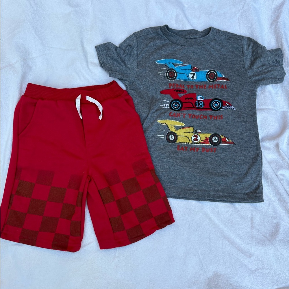 Kids Headquarters Gray Racing Car Tee and Red Shorts Set